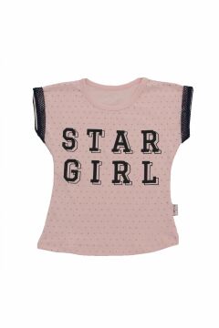 Star Gril Baskılı Kolları Dantel Baskılı Kız Çocuk T-shirt
