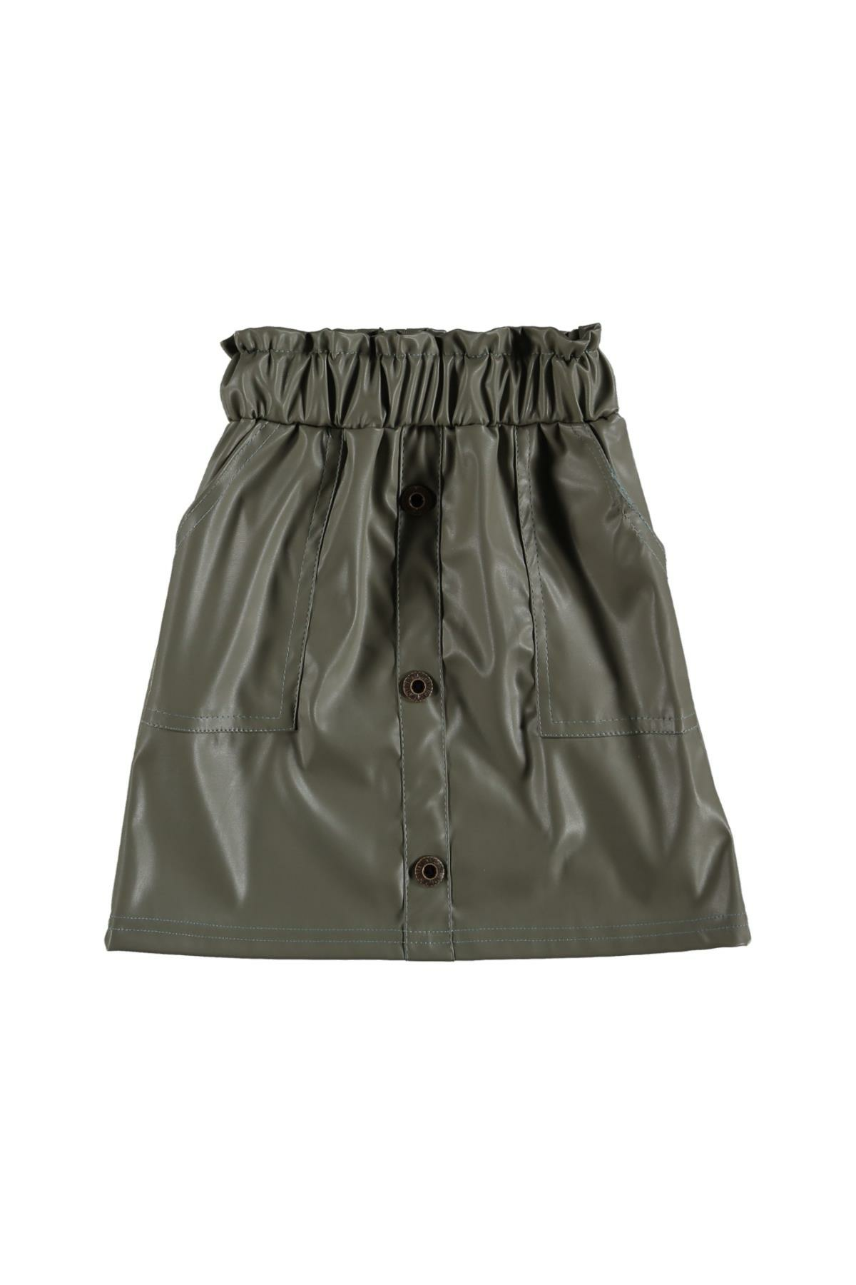 Kız Çocuk Düğme Aksesuarlı Deri Etek