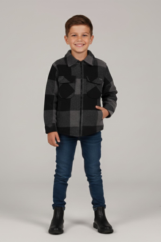 Fermuarlı İçi Kürklü Erkek Çocuk Oduncu Gömlek FÜME-SİYAH - 7 Yaş