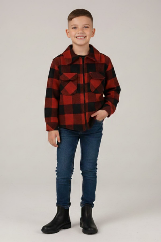 Fermuarlı İçi Kürklü Erkek Çocuk Oduncu Gömlek KIRMIZI-SİYAH - 7 Yaş