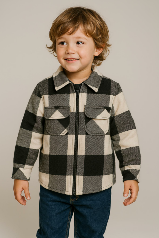 Fermuarlı İçi Kürklü Erkek Çocuk Oduncu Gömlek SİYAH-BEYAZ - 7 Yaş