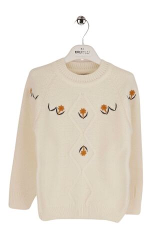 Mutlu Kids Çiçek Nakışlı Kız Çocuk Kazak KEMİK - 3-4 Yaş
