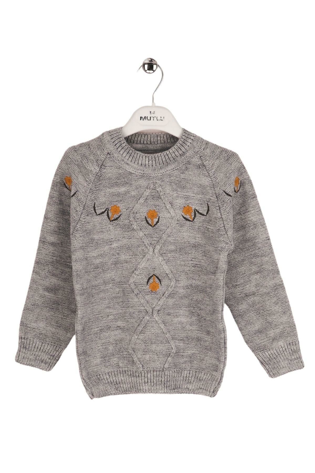 Mutlu Kids Çiçek Nakışlı Kız Çocuk Kazak Gri - 4-5 Yaş
