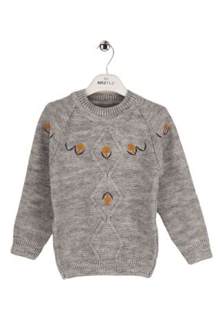 Mutlu Kids Çiçek Nakışlı Kız Çocuk Kazak Gri - 4-5 Yaş
