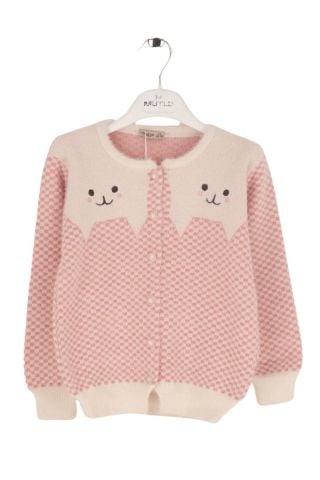 Mutlu Kids Kedi Desenli Triko Kız Çocuk Hırka Pembe - 4-5 Yaş
