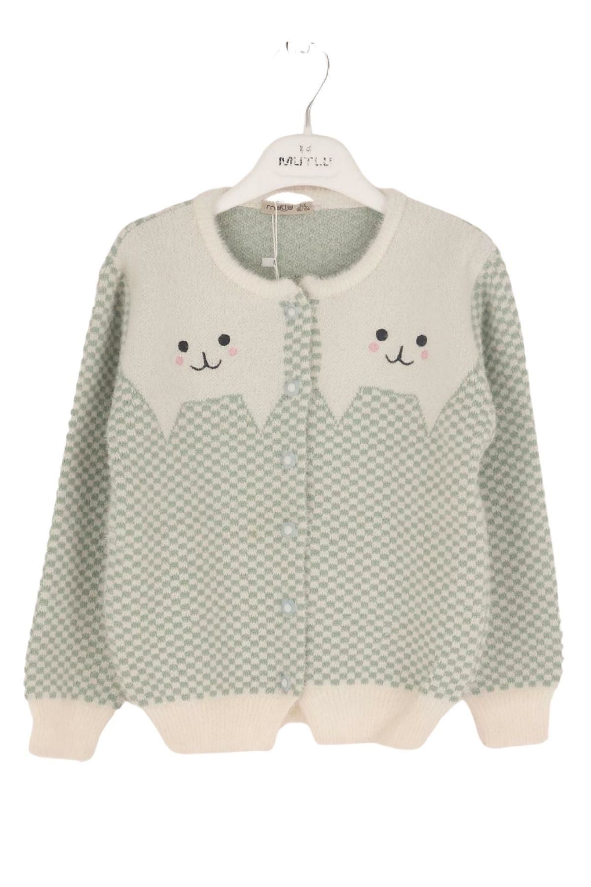 Mutlu Kids Kedi Desenli Triko Kız Çocuk Hırka Yeşil - 4-5 Yaş