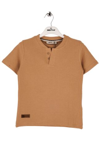 Mutlu Kids Deri Detaylı Erkek Tişört Vizon - 9 Yaş