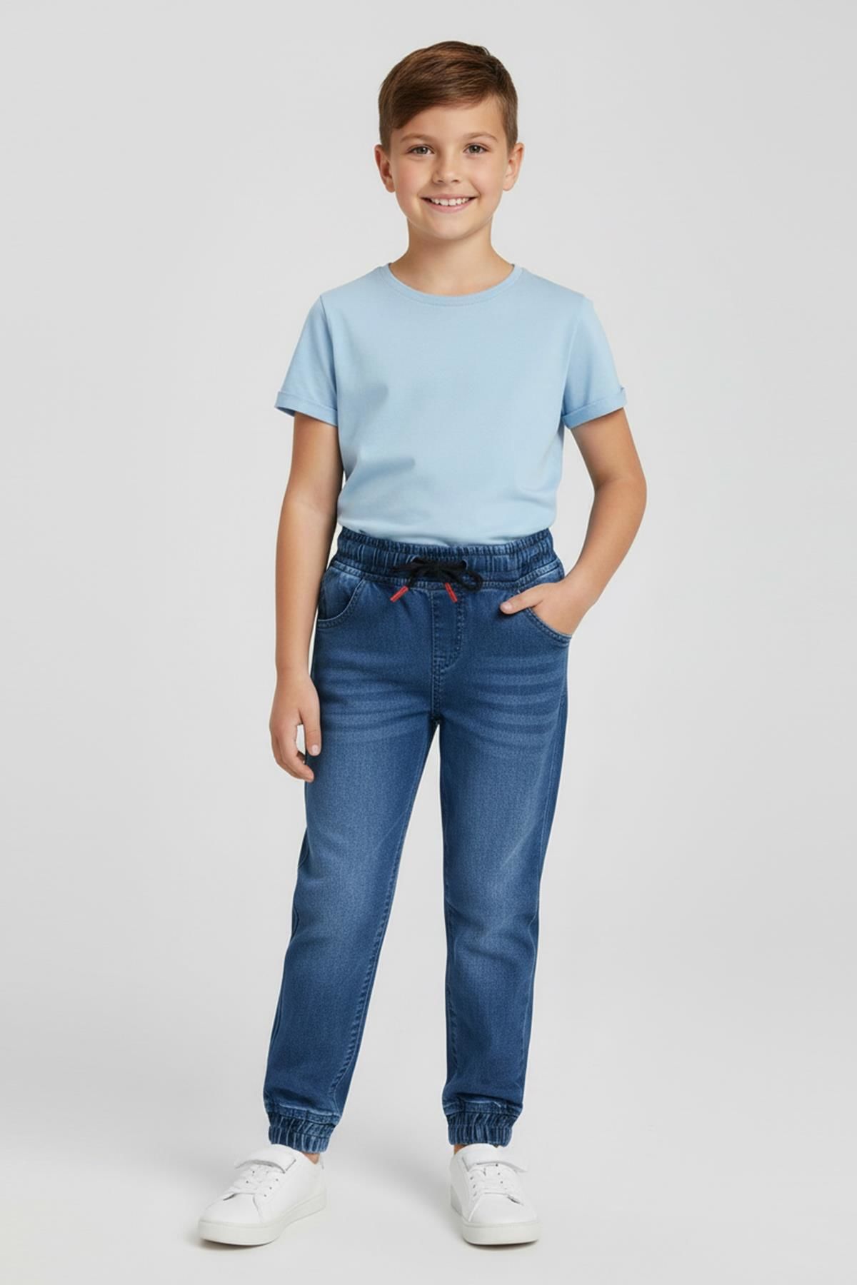 Mutlu Kids Beli ve Paçası Lastikli Erkek Çocuk Kot Pantolon ORTA MAVİ - 6 Yaş