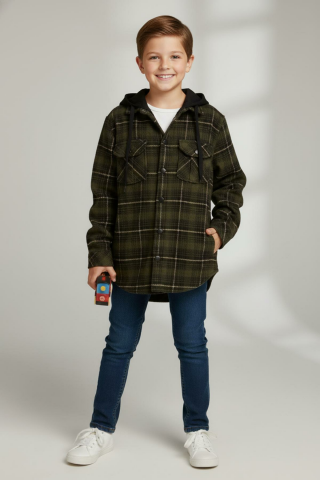 Mutlu Kids Kapüşonlu Kürk Astarlı Ekoseli Kalın Erkek Çocuk Gömlek Haki - 7 Yaş