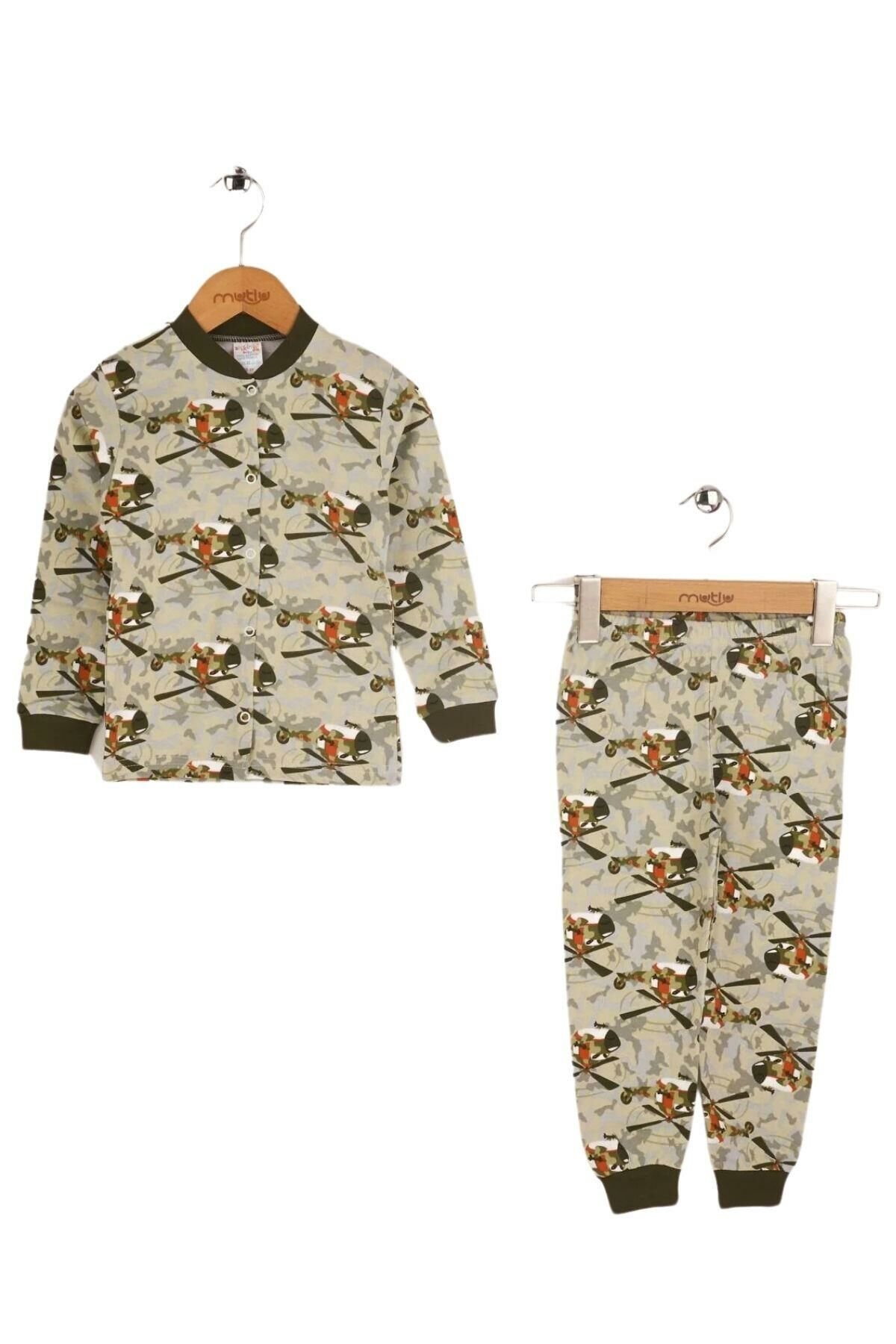 Seçkin Baskılı Ön Çıtçıtlı Çocuk Pijama Takımı Haki - 6 Yaş