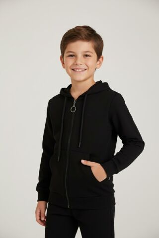 Mutlu Kanguru Cepli Uzun Kol Unisex Hırka Siyah - 8 Yaş