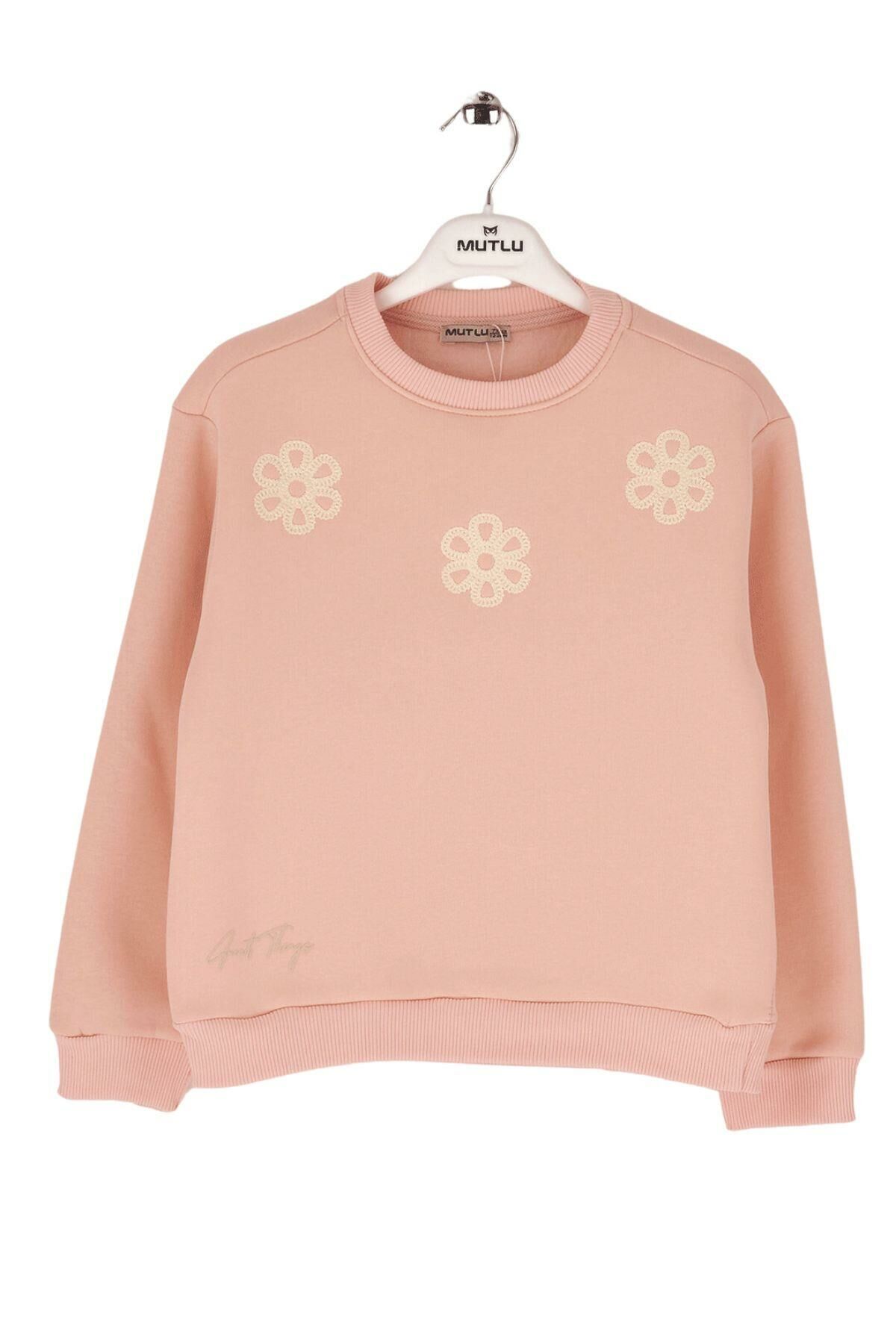 Mutlu Kids Çiçek İşlemeli Kız Çocuk Sweatshirt Pudra - 7 Yaş