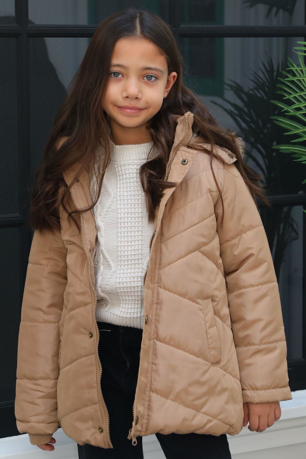 Mutlu Kids Kürk Astarlı Kapüşonlu Kız Çocuk Mont Kaban Vizon - 9 Yaş