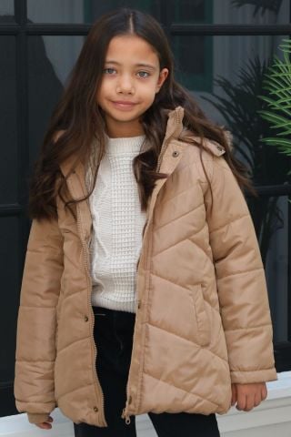 Mutlu Kids Kürk Astarlı Kapüşonlu Kız Çocuk Mont Kaban Vizon - 9 Yaş