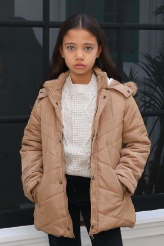 Mutlu Kids Kürk Astarlı Kapüşonlu Kız Çocuk Mont Kaban Vizon - 9 Yaş