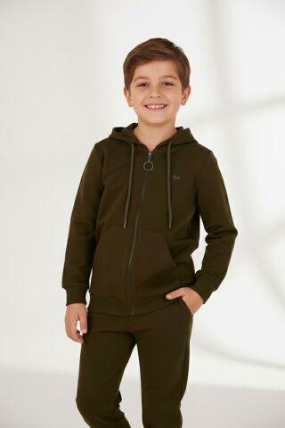 Mutlu Kanguru Cepli Uzun Kol Unisex Hırka Haki - 7 Yaş