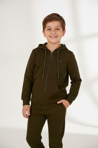 Mutlu Kanguru Cepli Uzun Kol Unisex Hırka Haki - 8 Yaş