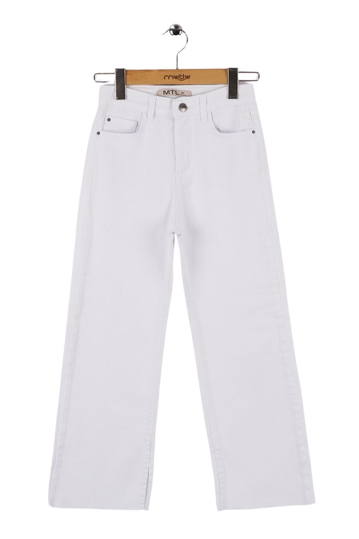 Mutlu Kids Paçası Yırtmaçlı Gabardin Kız Çocuk Pantolon Beyaz - 8 Yaş