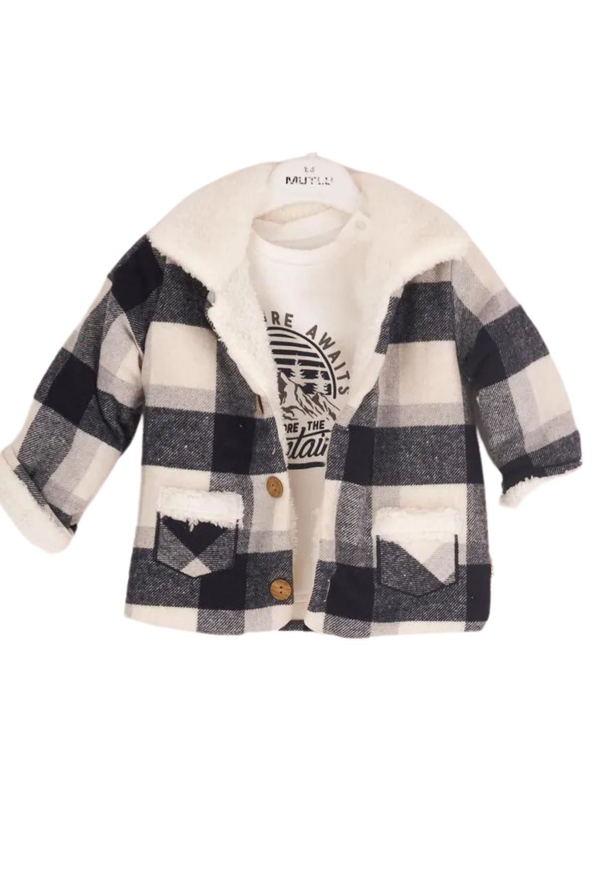 Baray Ekose Peluş Ceketli 3'lü Çocuk Takım Siyah Siyah - 2 Yaş