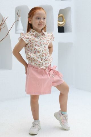 Mutlu Kids Fiyonk Detaylı Kız Çocuk Bebek Gabardin Şort Etek Bej - 3 Yaş