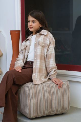 Mutlu Kids İçi Kürk Astarlı Kalın Ekose Kız Çocuk Gömlek Bej - 8 Yaş