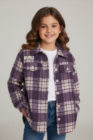 Mutlu Kids İçi Kürk Astarlı Kalın Ekose Kız Çocuk Gömlek Mor - 6 Yaş