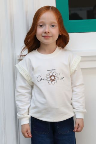 Mutlu Kids Omuz Süslemeli Kız Çocuk Sweatshirt EKRU - 9 Yaş