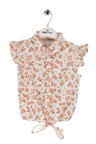 Mutlu Kids Omuz Fırfırlı Bel Bağlamalı Kısa Kol Çiçek Desenli Kız Çocuk Gömlek ÇAĞLA - 5 Yaş