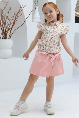 Mutlu Kids Omuz Fırfırlı Bel Bağlamalı Kısa Kol Çiçek Desenli Kız Çocuk Gömlek ÇAĞLA - 5 Yaş