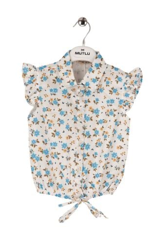 Mutlu Kids Omuz Fırfırlı Bel Bağlamalı Kısa Kol Çiçek Desenli Kız Çocuk Gömlek ÇAĞLA - 5 Yaş