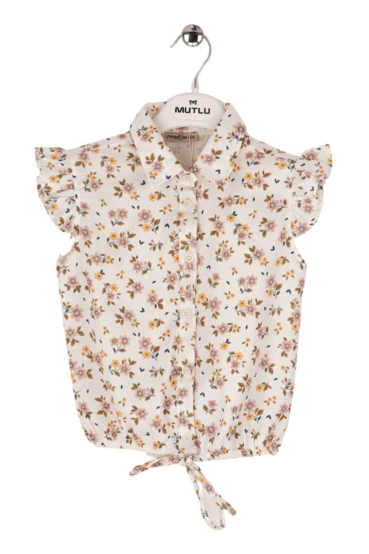 Mutlu Kids Omuz Fırfırlı Bel Bağlamalı Kısa Kol Çiçek Desenli Kız Çocuk Gömlek Bej - 5 Yaş