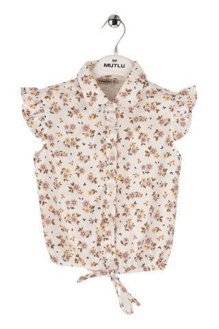 Mutlu Kids Omuz Fırfırlı Bel Bağlamalı Kısa Kol Çiçek Desenli Kız Çocuk Gömlek Bej - 5 Yaş