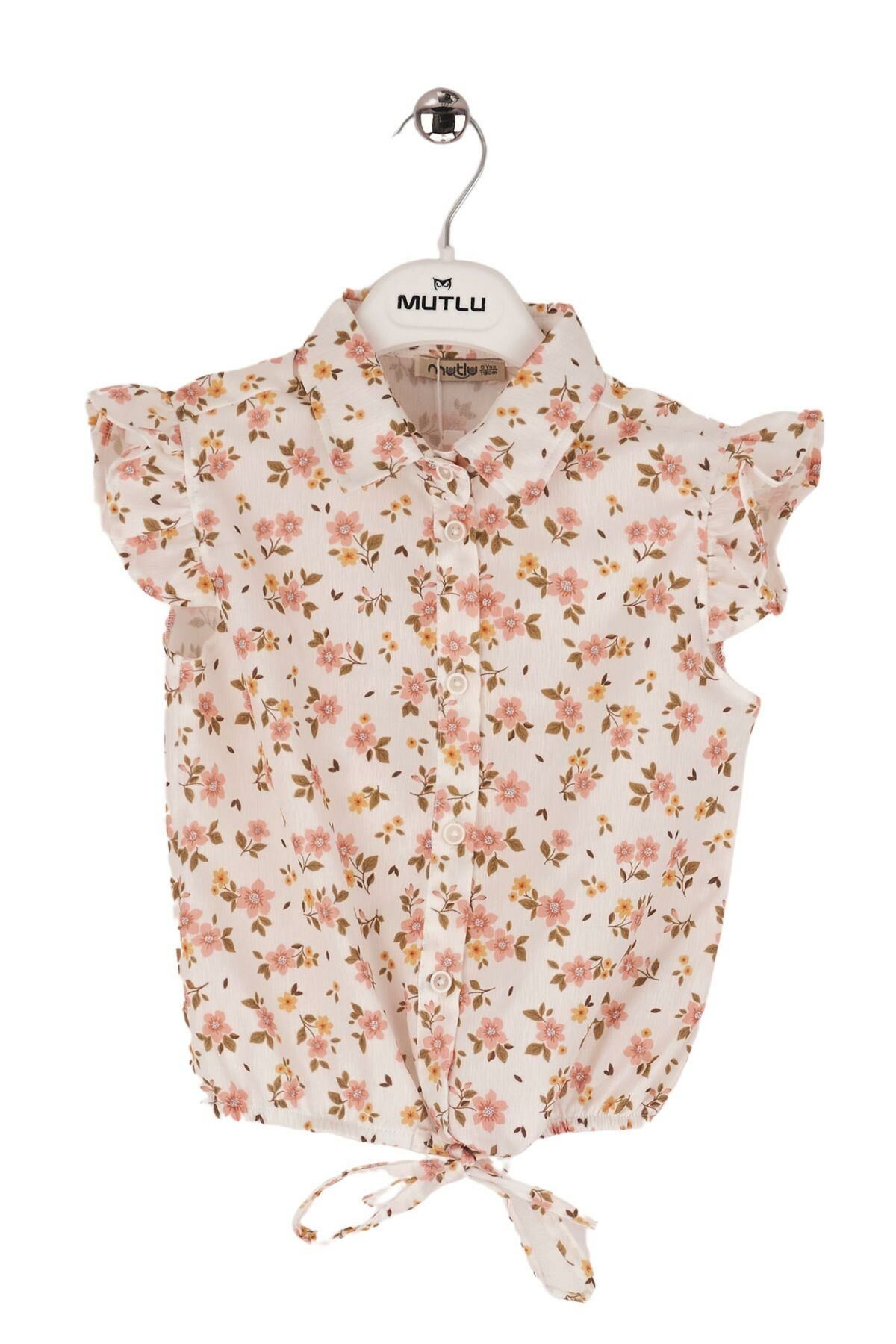 Mutlu Kids Omuz Fırfırlı Bel Bağlamalı Kısa Kol Çiçek Desenli Kız Çocuk Gömlek Pembe - 5 Yaş