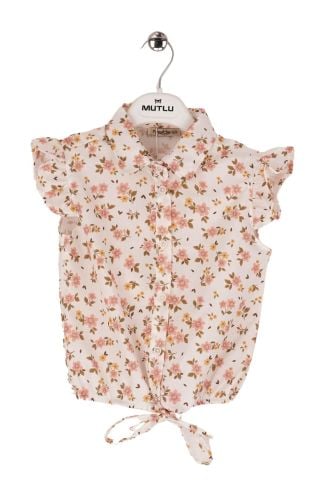 Mutlu Kids Omuz Fırfırlı Bel Bağlamalı Kısa Kol Çiçek Desenli Kız Çocuk Gömlek Pembe - 5 Yaş