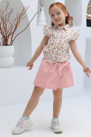 Mutlu Kids Omuz Fırfırlı Bel Bağlamalı Kısa Kol Çiçek Desenli Kız Çocuk Gömlek Fuşya - 5 Yaş