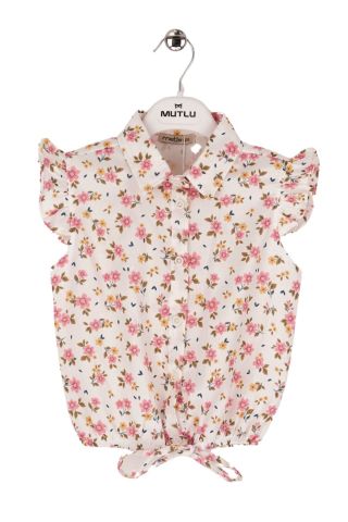 Mutlu Kids Omuz Fırfırlı Bel Bağlamalı Kısa Kol Çiçek Desenli Kız Çocuk Gömlek Fuşya - 5 Yaş