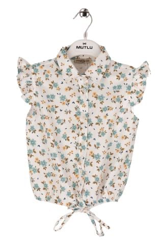 Mutlu Kids Omuz Fırfırlı Bel Bağlamalı Kısa Kol Çiçek Desenli Kız Çocuk Gömlek ÇAĞLA - 5 Yaş