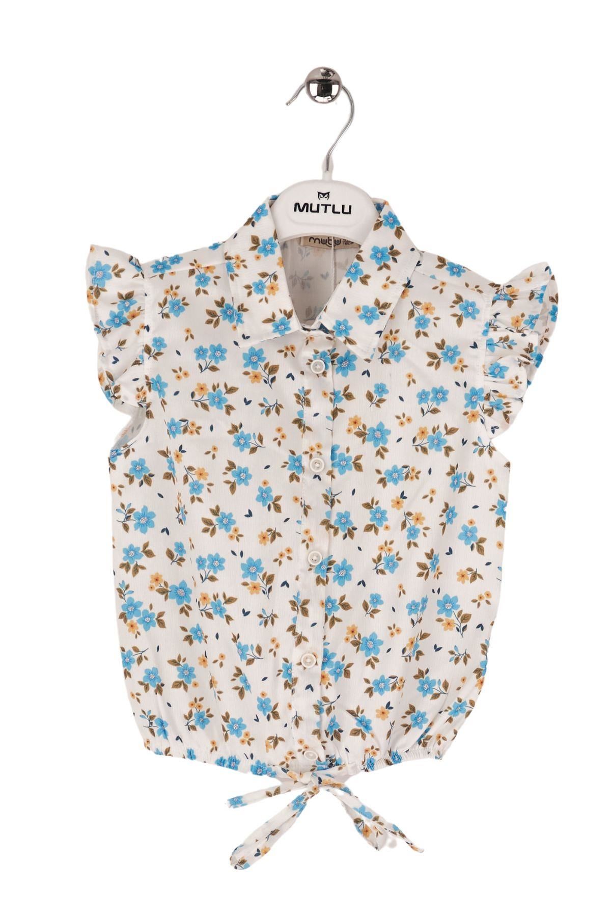 Mutlu Kids Omuz Fırfırlı Bel Bağlamalı Kısa Kol Çiçek Desenli Kız Çocuk Gömlek Mavi - 5 Yaş