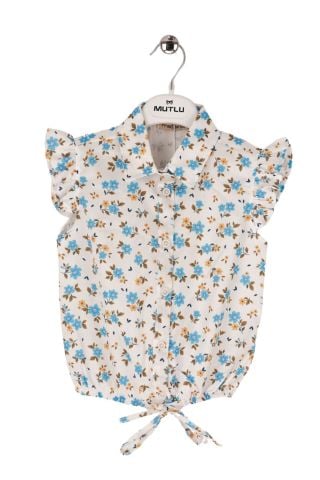 Mutlu Kids Omuz Fırfırlı Bel Bağlamalı Kısa Kol Çiçek Desenli Kız Çocuk Gömlek Mavi - 5 Yaş