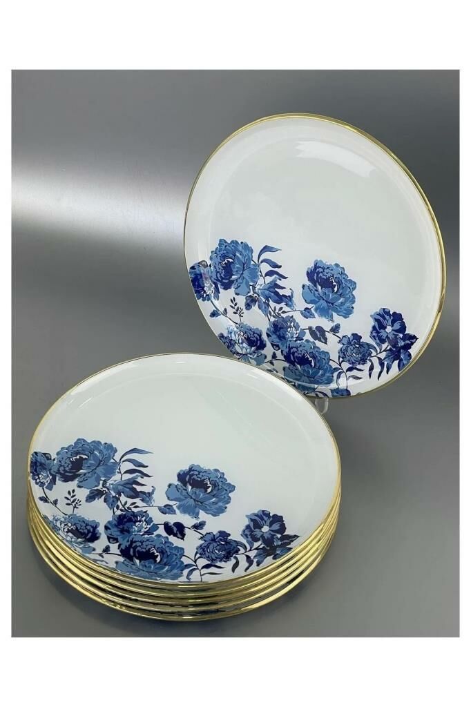 Glore Blue Rose 6 Kişilik Altın Yaldızlı Cam Pasta Tabağı Seti 21 cm