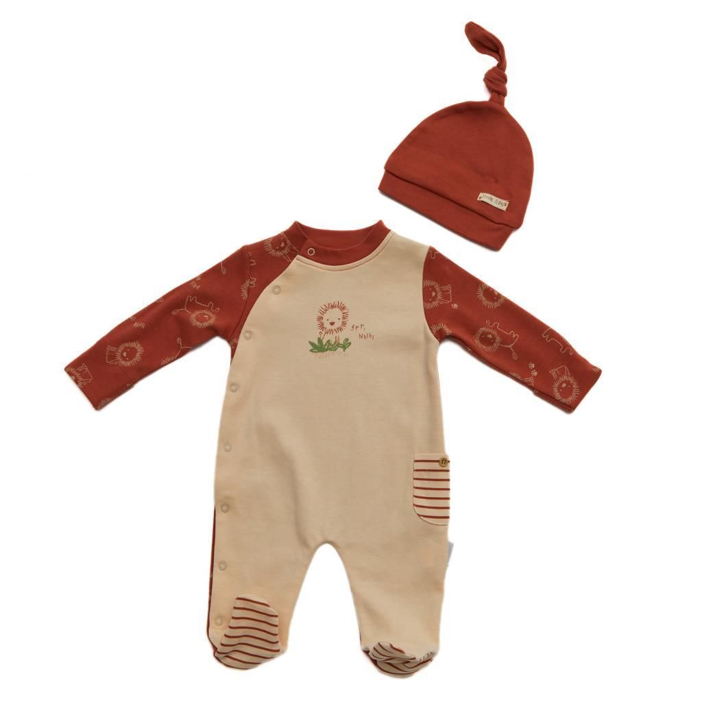 Andy Wawa Erkek Bebek Önü Aslan Baskılı Şapkalı Uzun Kollu Tulum Takım Tarçın-AC22234