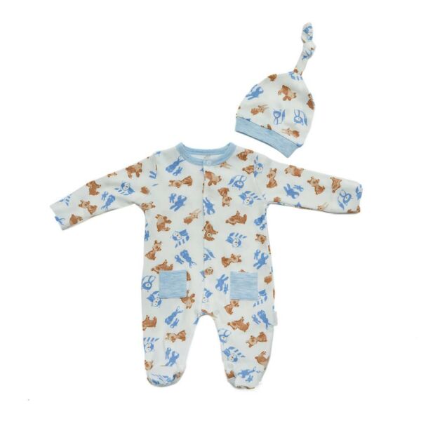 Andy Wawa Erkek Bebek Üzeri Desenli Şapkalı Uzun Kollu Takım Tulum Mavi-AC22331