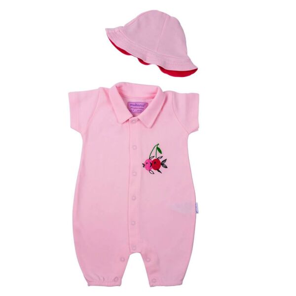 Mukano Balıklı Kiraz Nakışlı Çift Taraflı Şapkalı Kız Bebek Yazlık Tulum MKN.0219