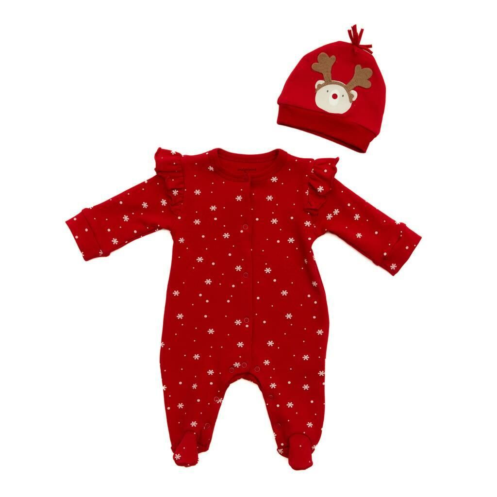 Andy Wawa Kız Bebek Yılbaşı Kırmızısı Kar Tanesi Baskı Detaylı Şapkalı Tulum Kırmızı-AC22395