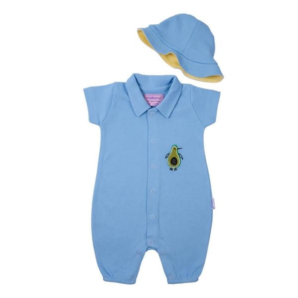 Mukano Avokado Nakışlı Çift Taraflı Şapkalı Erkek Bebek Tulum Yazlık  Mavi MKN.0223