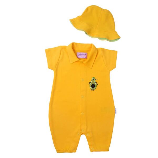Mukano Avokado Nakışlı Çift Taraflı Şapkalı Erkek Bebek Yazlık Tulum Hardal MKN.0224