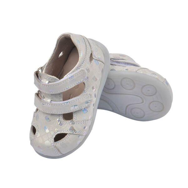 Hakiki Deri Anatomik Taban İlk Adım Ayakkabısı Beyaz Parlak Desenli Sandalet Tipi-MKN.0149