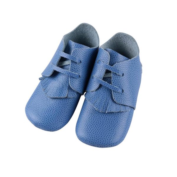 Hakiki Deri Anatomik Taban İlk Adım Ayakkabısı Damarlı Bebe Mavisi  Püsküllü-Cırtcırtlı MKN.0175