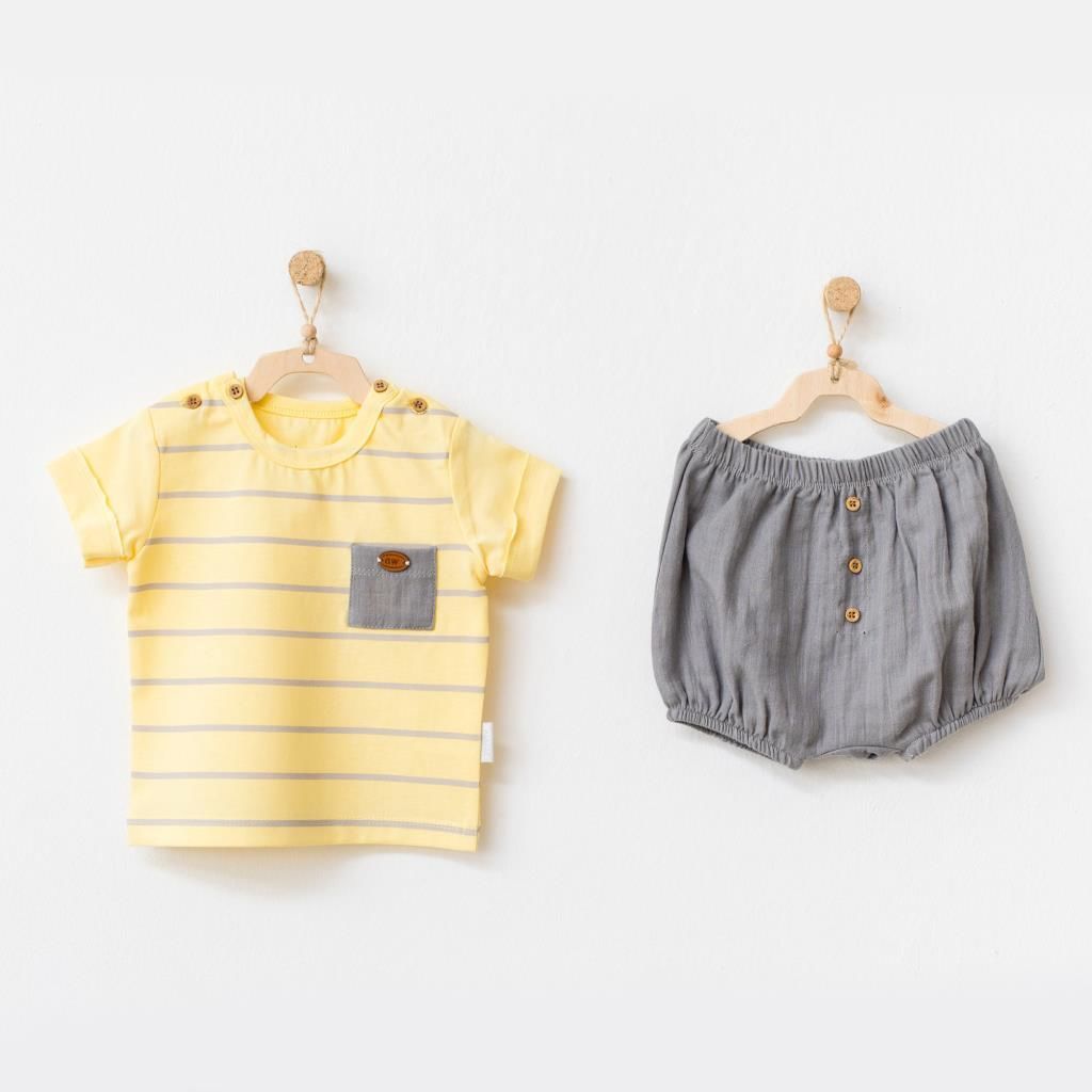 Andy Wawa Erkek Bebek Müslin Şort T Shirt Takım Gri-Sarı AC21699