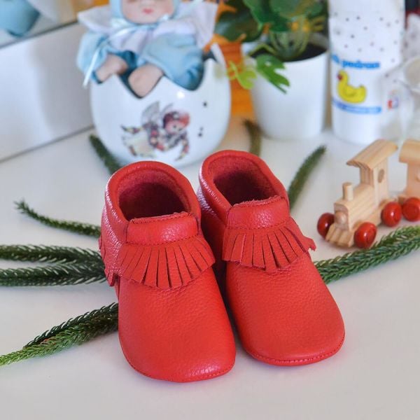 Hakiki Deri Anatomik Taban İlk Adım Ayakkabısı  Kırmızı Püsküllü MKN.0124